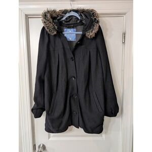 Free People Black Faux Fur Hood Wool Blend Coat Women large vintage Gothic‎